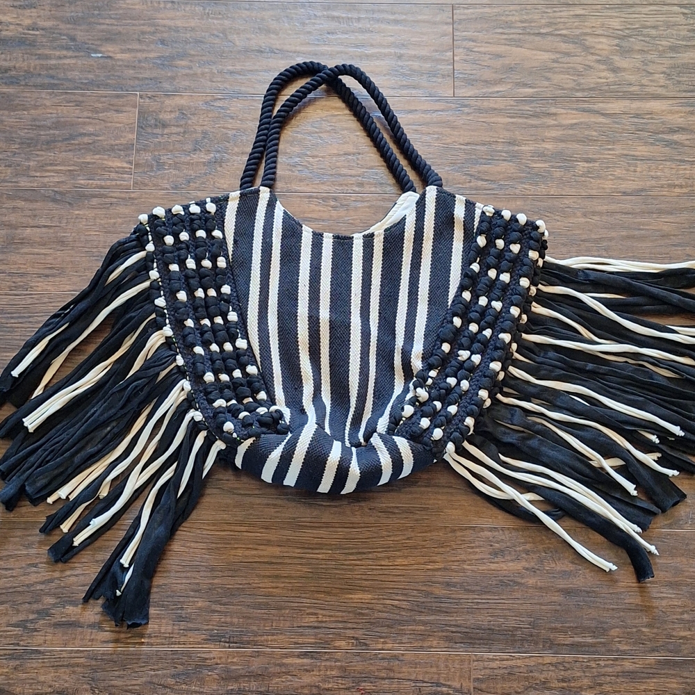Striped Fringe Boho Tote Bag NWOT Trendy Fun